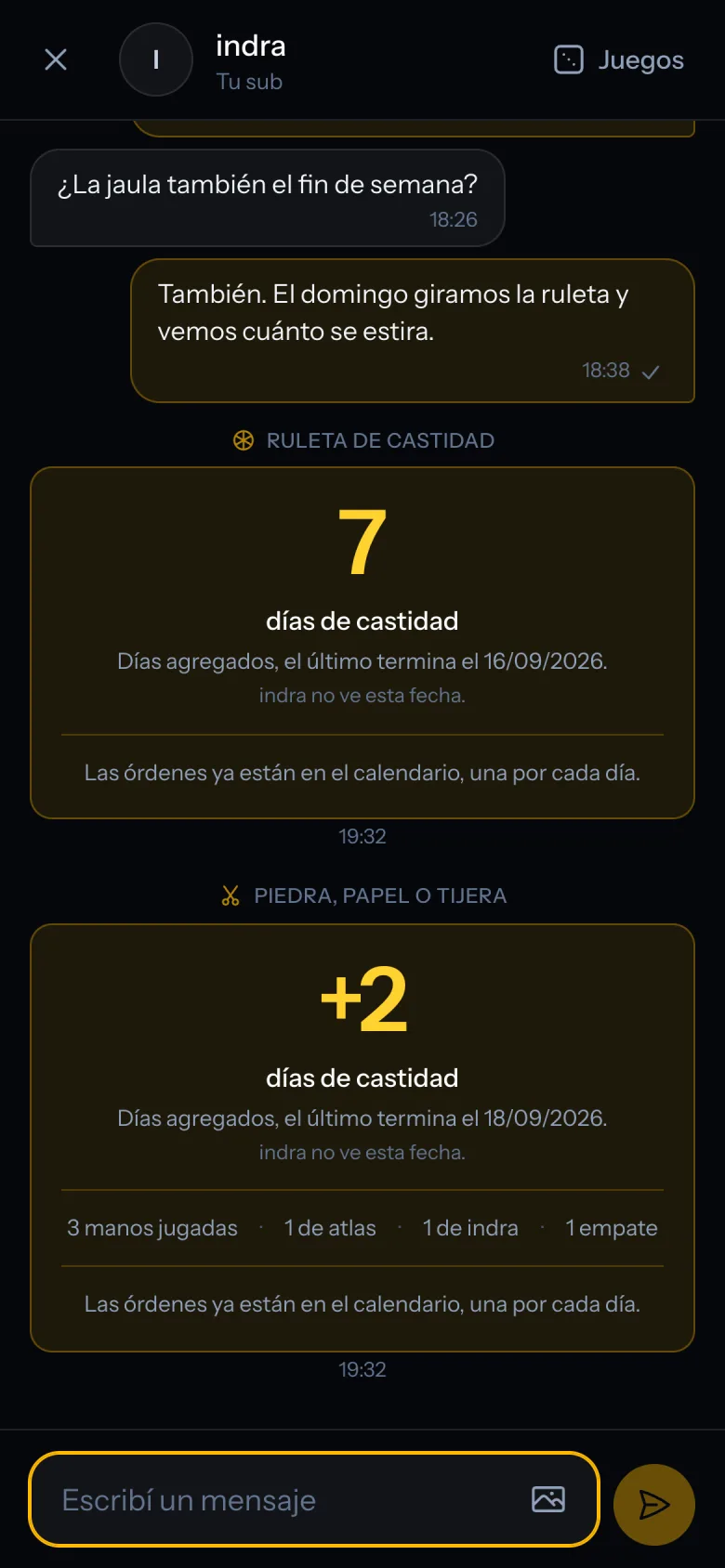 El chat con el resultado de dos juegos en el hilo.