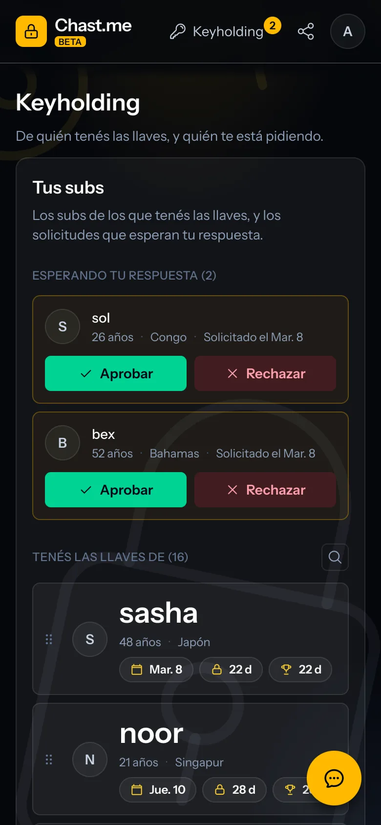 El panel del keyholder con la lista de subs y sus rachas.