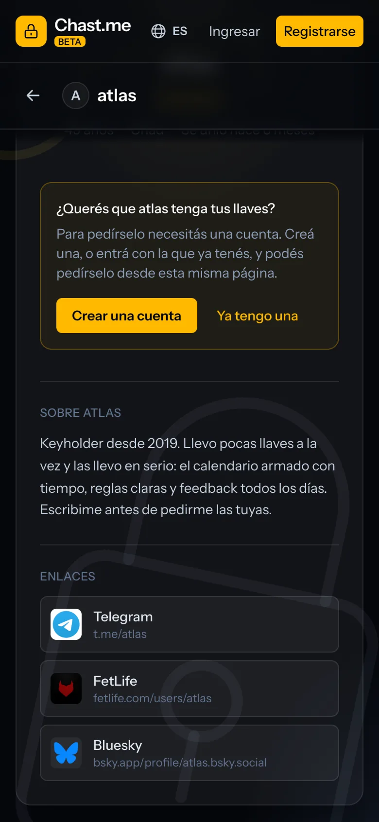 El perfil público de un keyholder, con su descripción y sus enlaces.