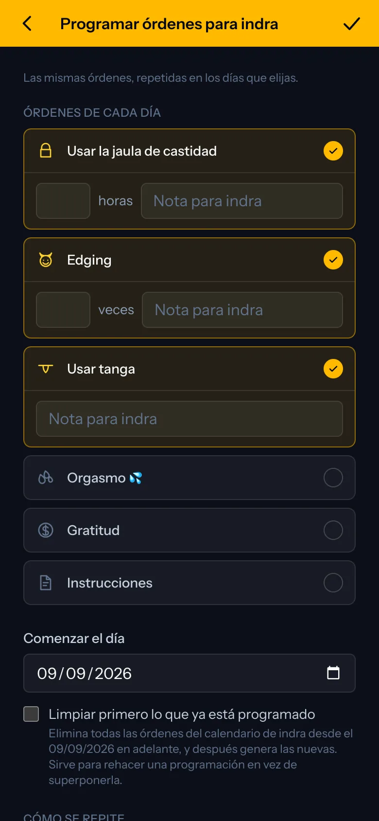 El panel que programa las mismas órdenes en varios días.
