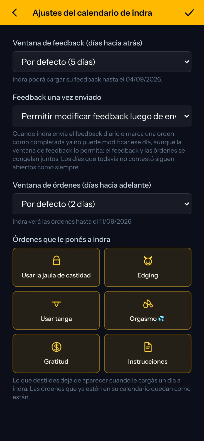 Los ajustes del calendario de una sub.